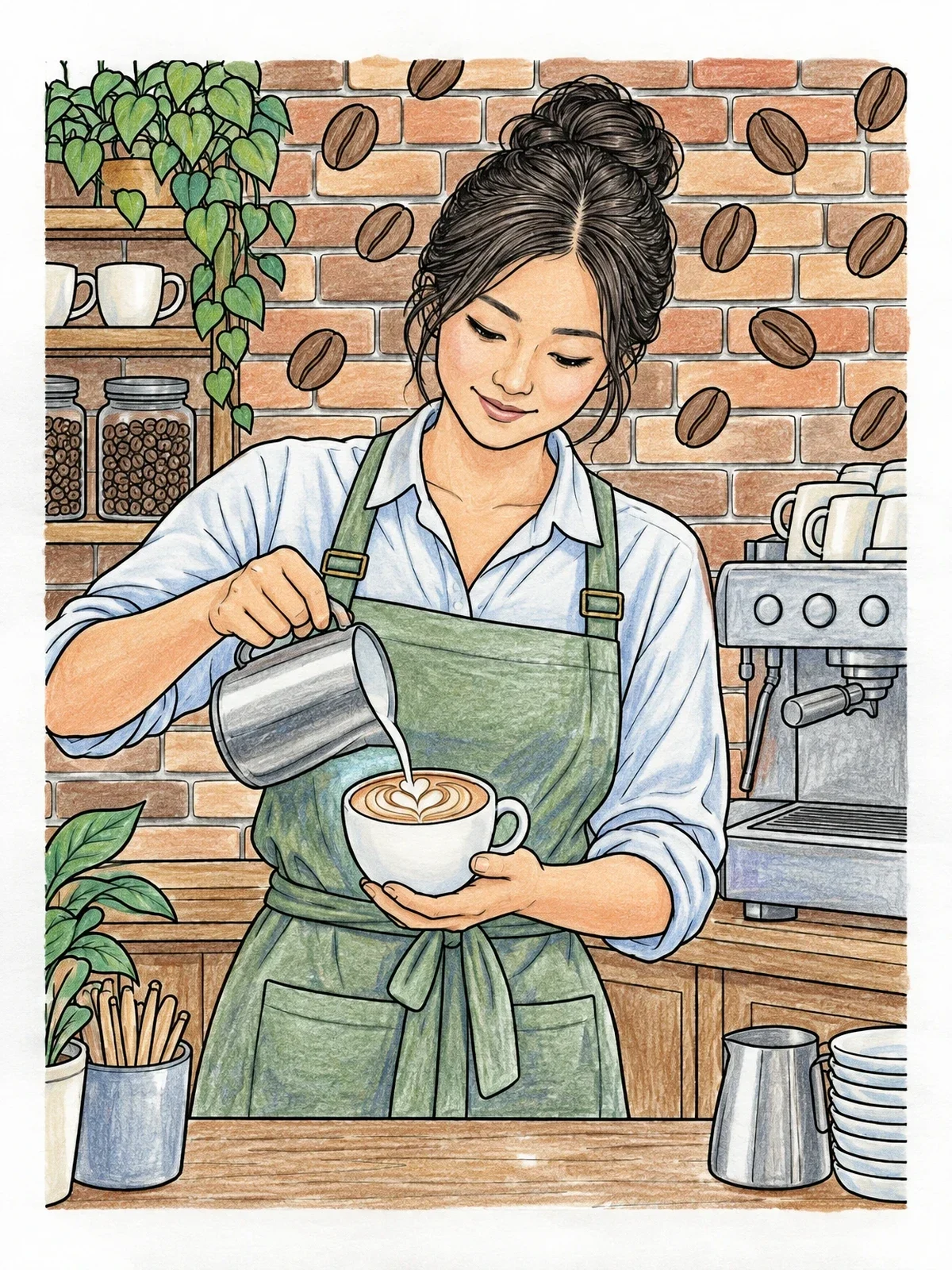Colored example of the Barista Pouring Latte Art coloring page