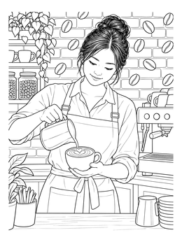 A skilled barista pours latte art in this hipster coloring page set in a cozy cafe.