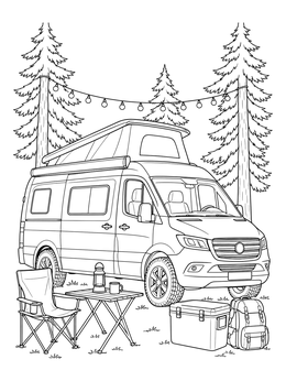 A camper van campsite in the forest on this hipster coloring page.
