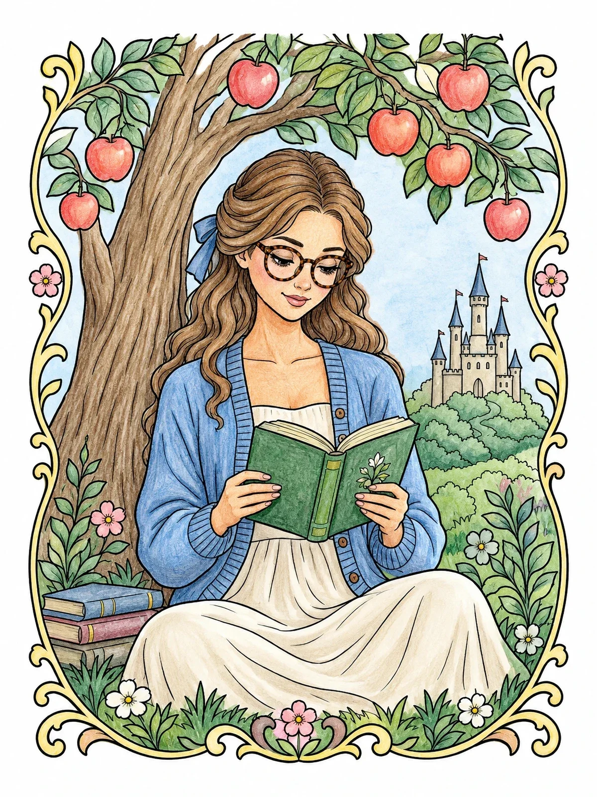 Colored example of the Fairytale Girl Reading Under Apple Tree coloring page