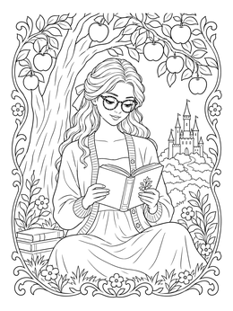 A fairytale girl reads under a tree in this hipster coloring page with a castle view.