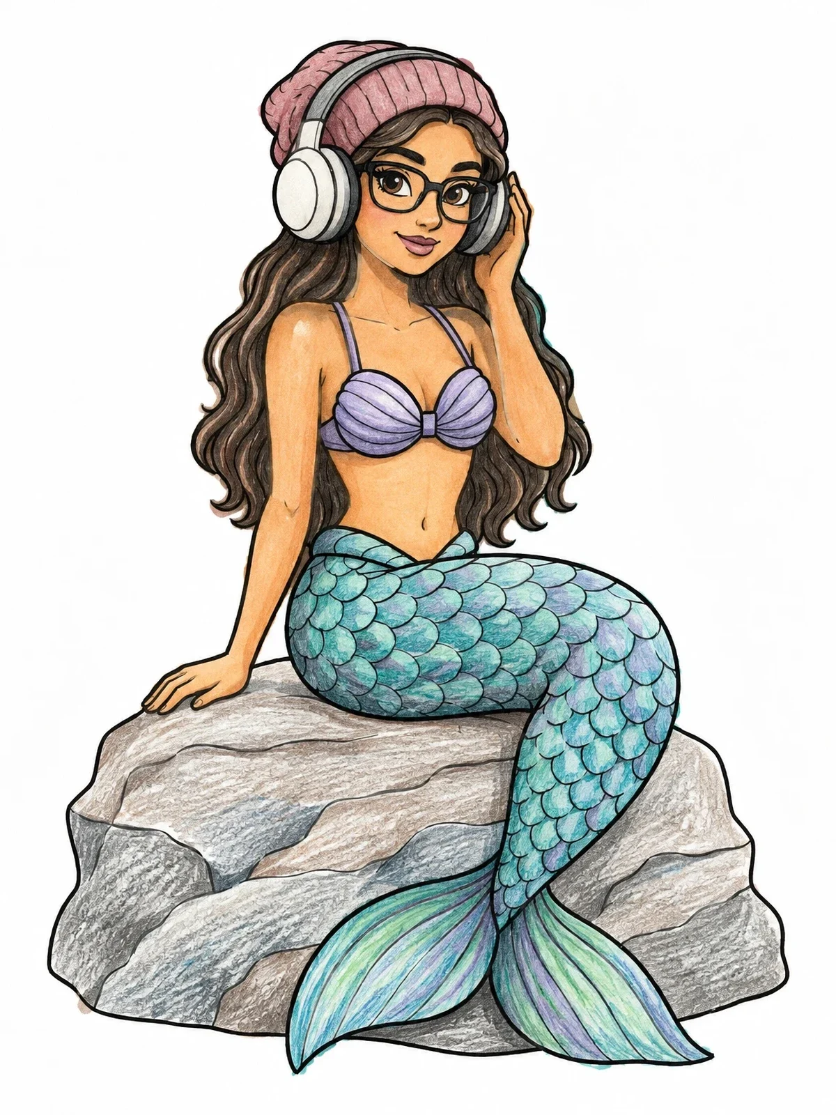 Colored example of the Hipster Mermaid On A Rock coloring page