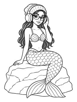 Free printable Hipster Mermaid On A Rock coloring page