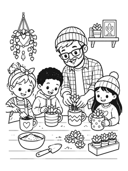 Free printable Planting Succulents In Ceramic Mugs coloring page