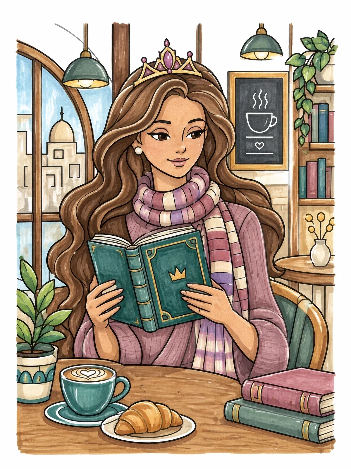 Colored example of the Princess Reading In A Cozy Cafe coloring page
