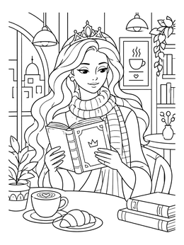 A hipster coloring page showing a crowned princess reading a book at a coffee shop table.