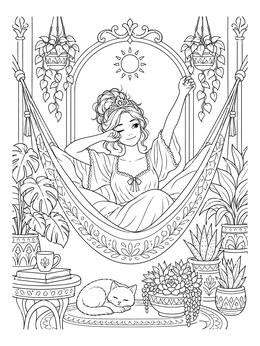 A young princess waking up in a cozy hammock on this hipster coloring page.
