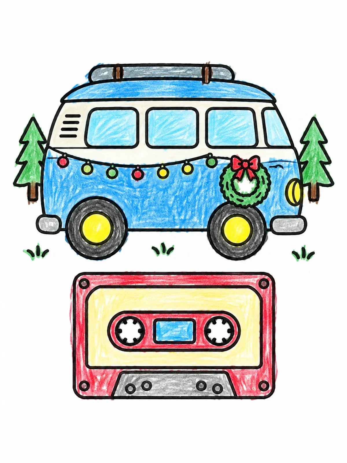 Colored example of the Retro Camper Van And Cassette Tape coloring page