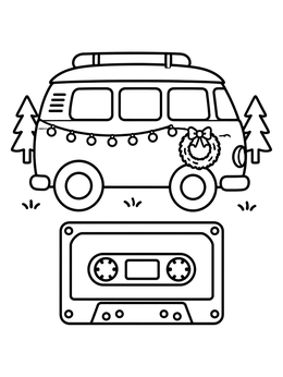 Free printable Retro Camper Van And Cassette Tape coloring page