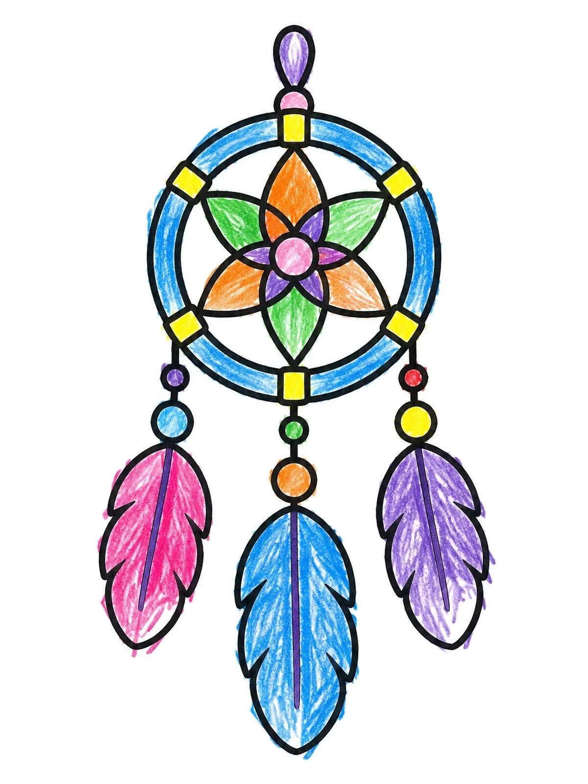 Colored example of the Simple Feather Dreamcatcher coloring page