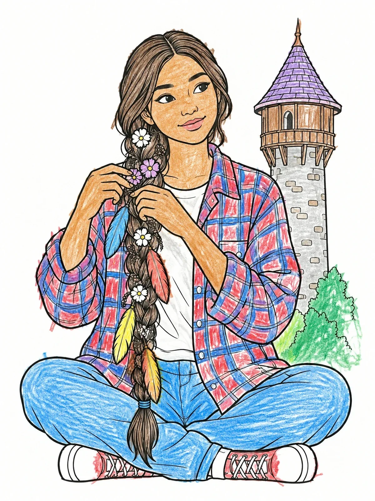 Colored example of the Tower Princess Braiding Hair With Flowers coloring page