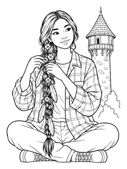 Free printable Tower Princess Braiding Hair With Flowers coloring page
