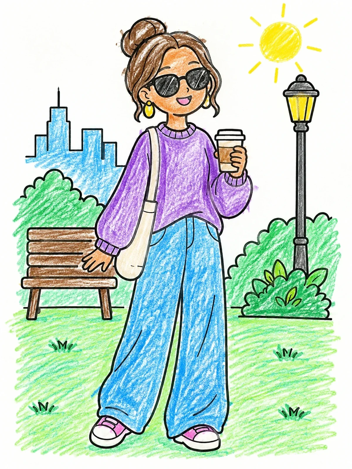 Colored example of the Trendy Girl In City Park coloring page