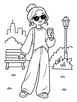 Free printable Trendy Girl In City Park coloring page