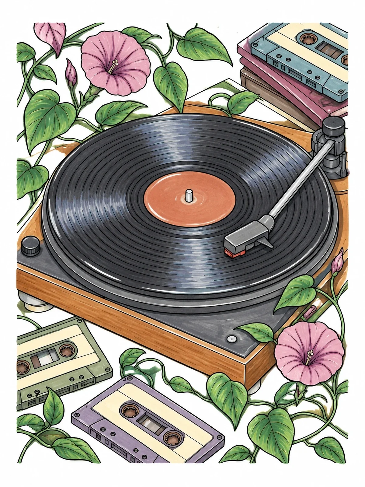 Colored example of the Vintage Record Player And Cassettes coloring page