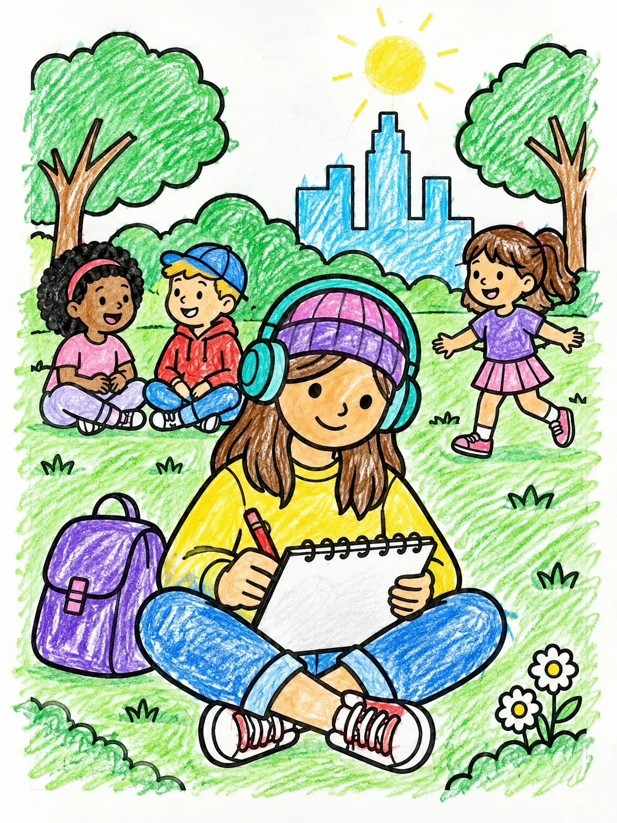 Colored example of the Young Artist Sketching In Park coloring page