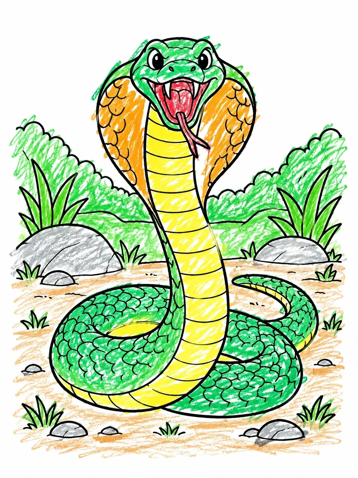 Colored example of the Hissing King Cobra With Open Hood coloring page