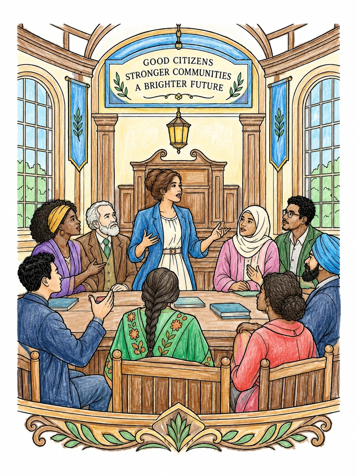 Colored example of the Historic Meeting House Community Debate coloring page