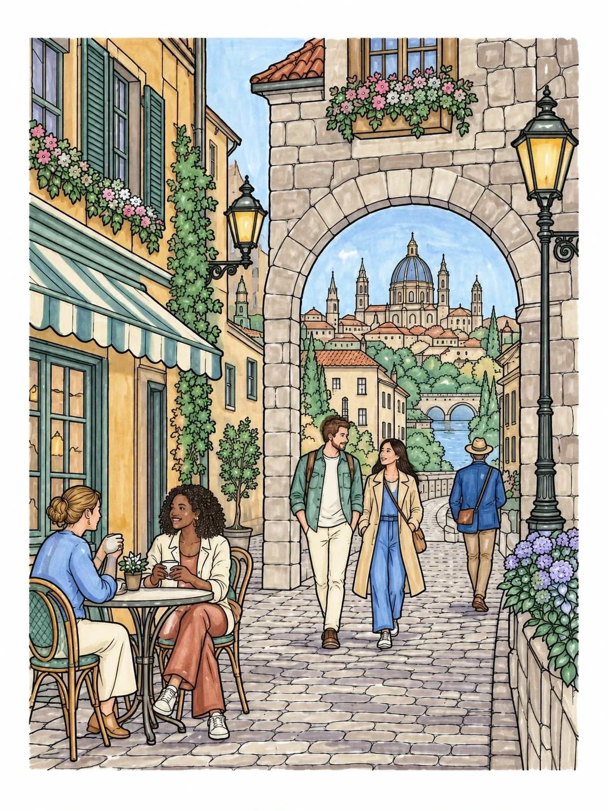 Colored example of the Historic City Street With Stone Arch coloring page