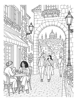 A bustling old town street and cafe scene in this city coloring page.
