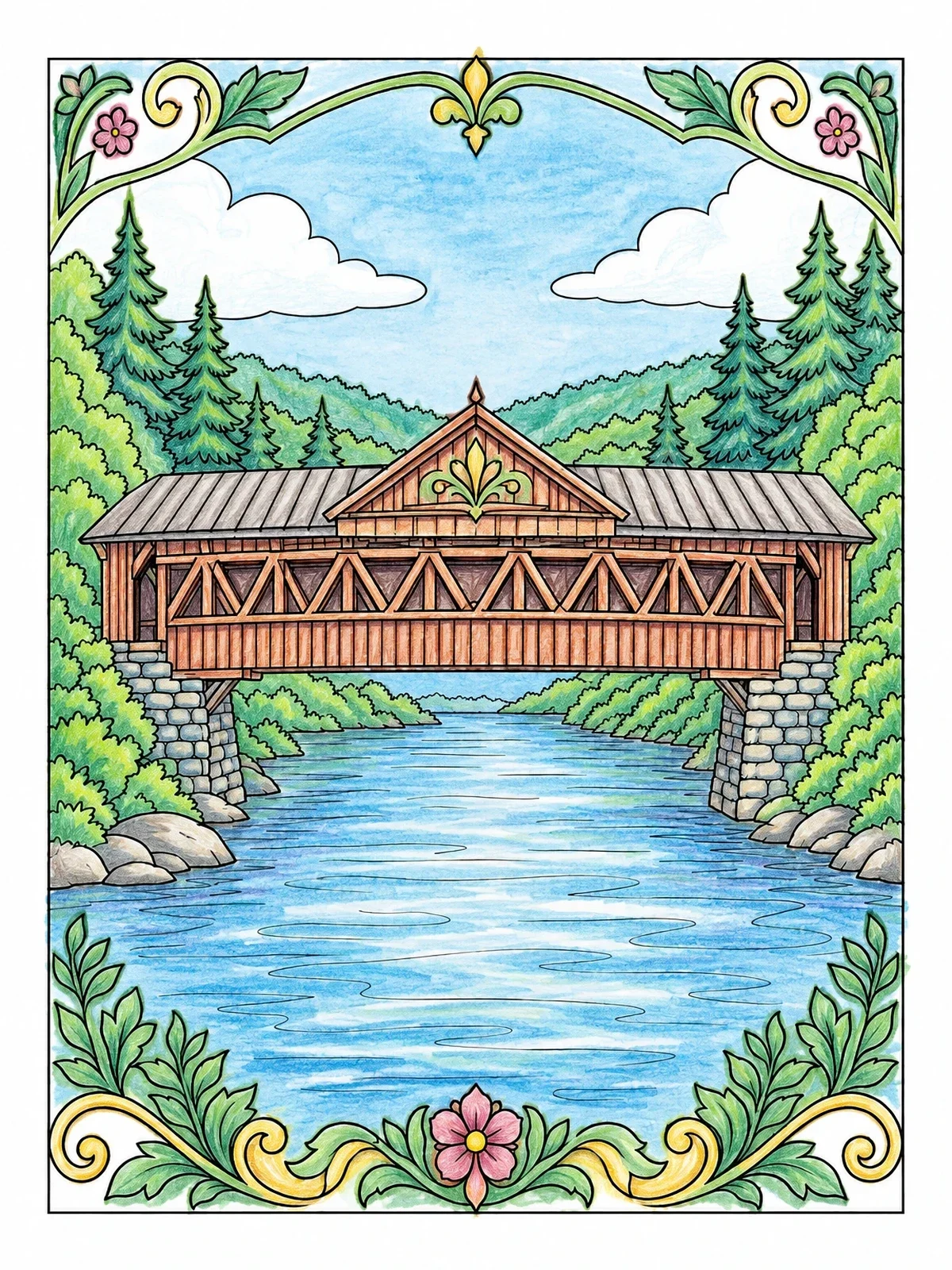 Colored example of the Historic Covered Bridge Over Forest River coloring page