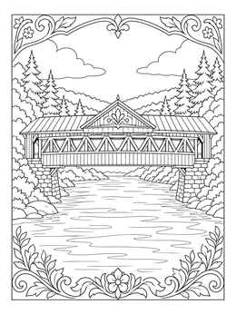 Free printable Historic Covered Bridge Over Forest River coloring page