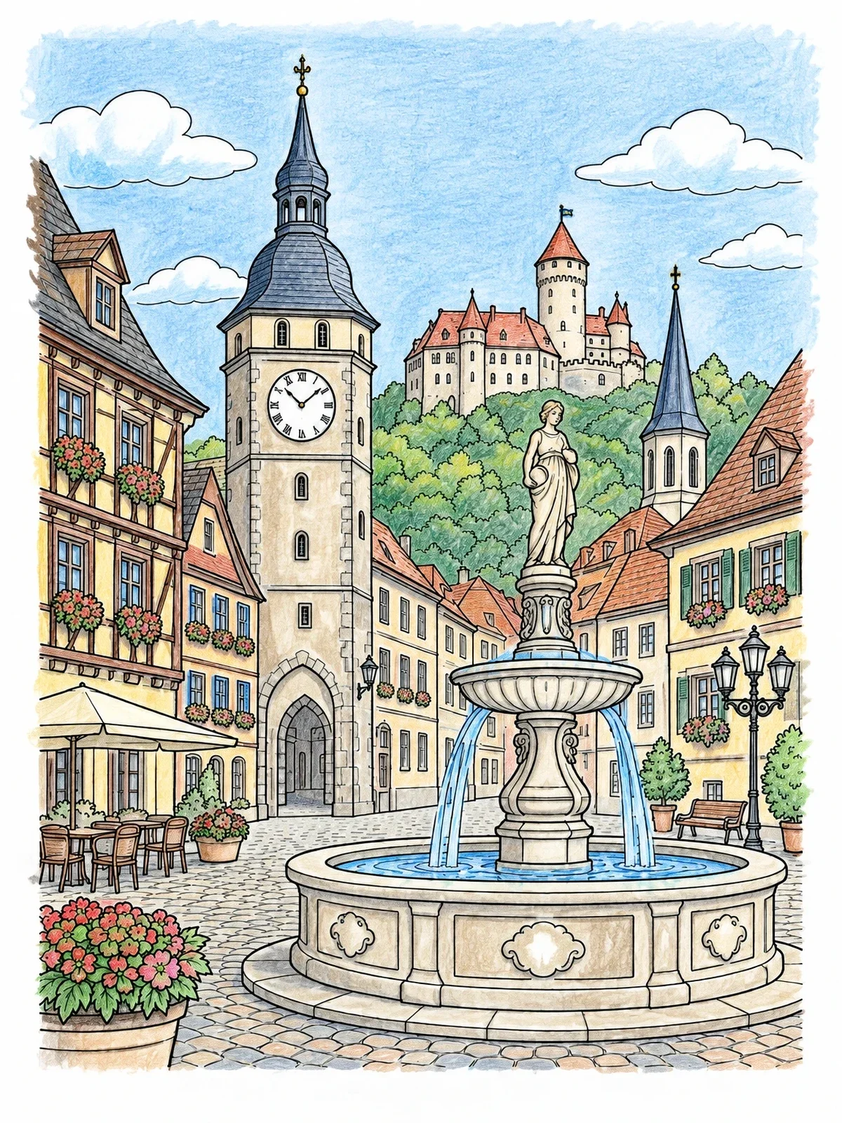 Colored example of the Historic European Town Square With Fountain coloring page