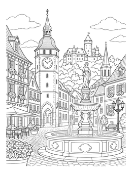 Free printable Historic European Town Square With Fountain coloring page