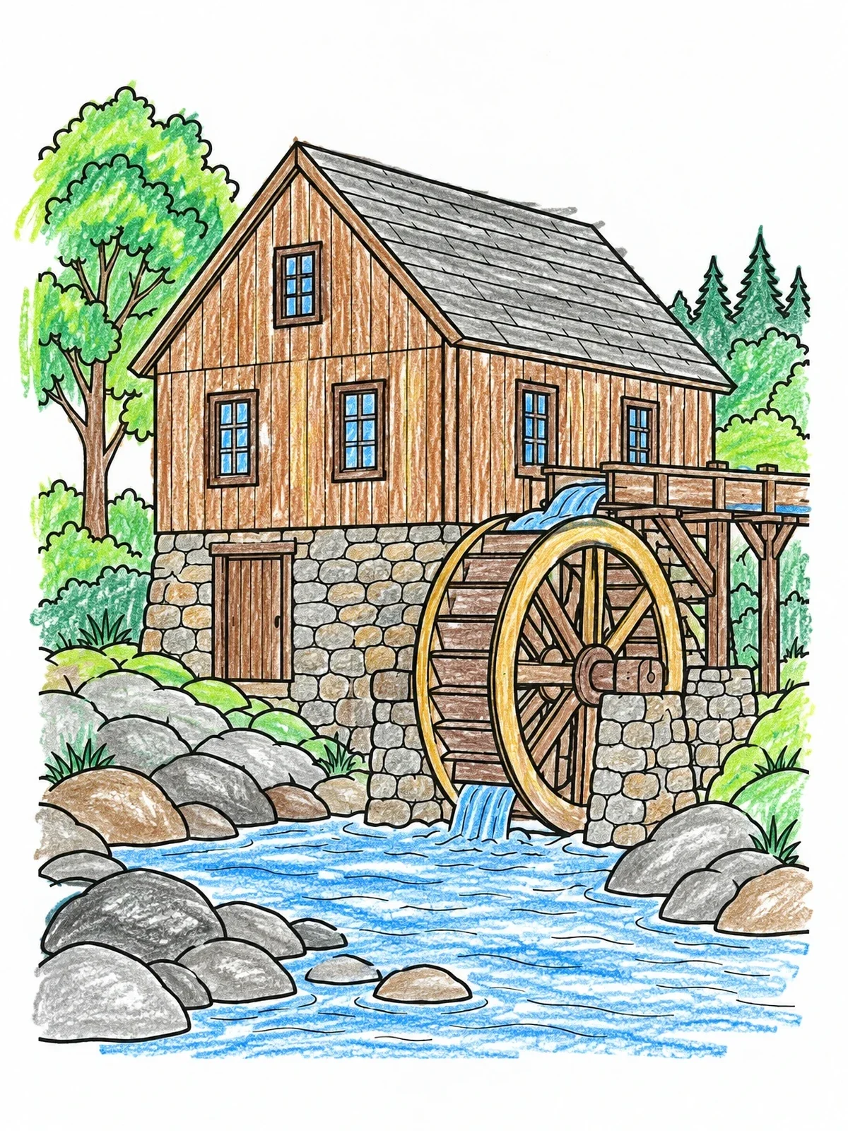 Colored example of the Historic Gold Rush Water Mill coloring page