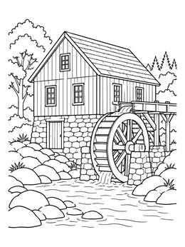 A historic water mill beside a rocky river on this gold rush coloring page.