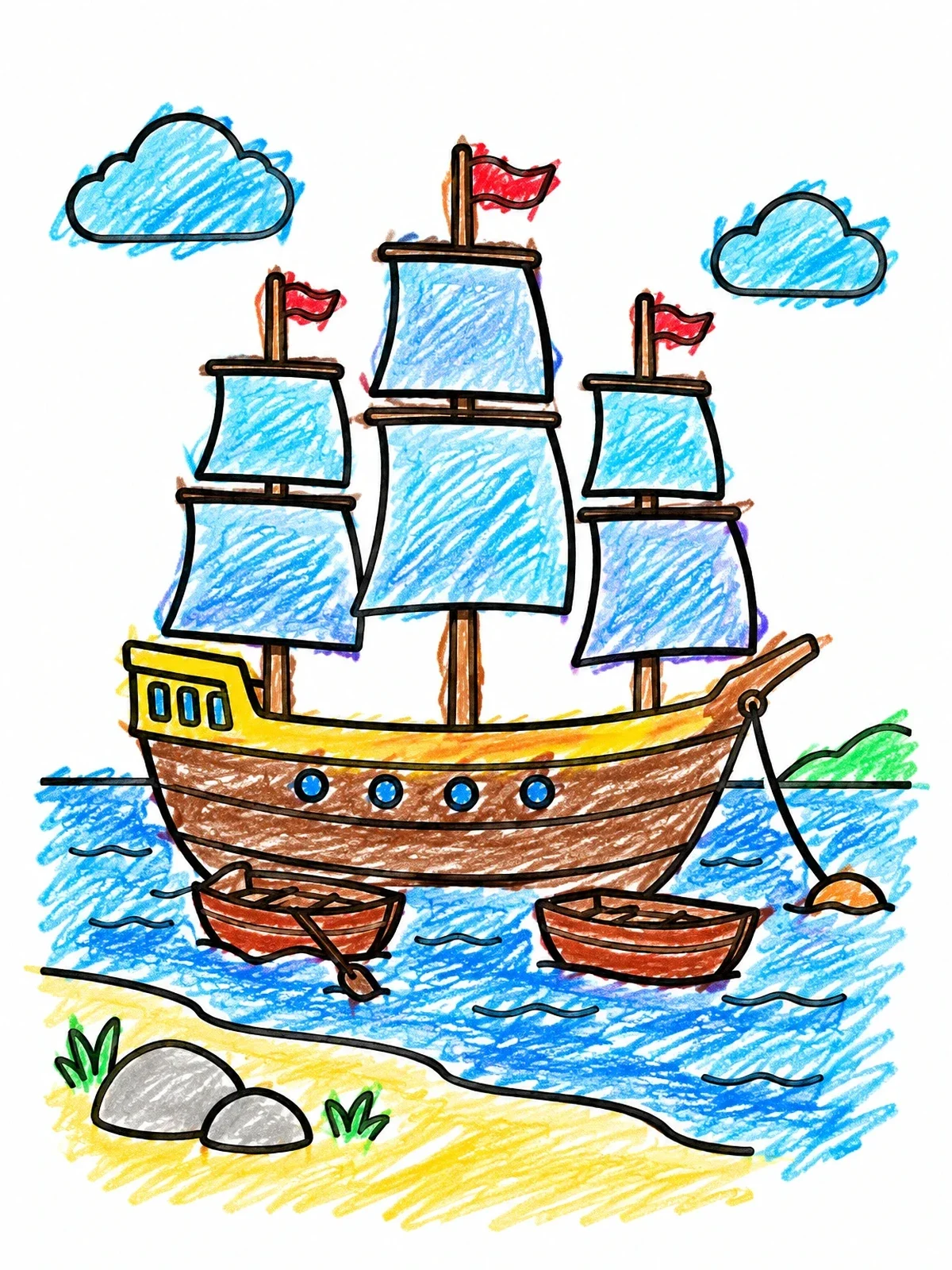 Colored example of the Historic Jamestown Settler Ship At Shore coloring page