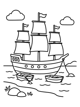 Free printable Historic Jamestown Settler Ship At Shore coloring page