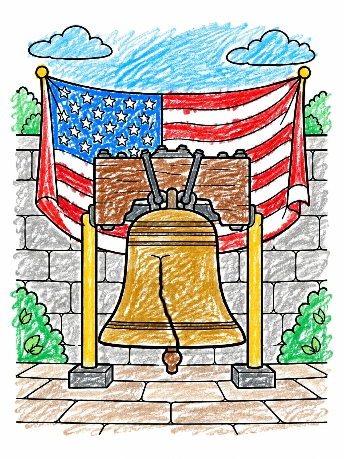 Colored example of the Historic Liberty Bell With Flag coloring page