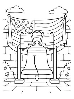 Historic Liberty Bell coloring page in front of a draped American flag and brick wall.