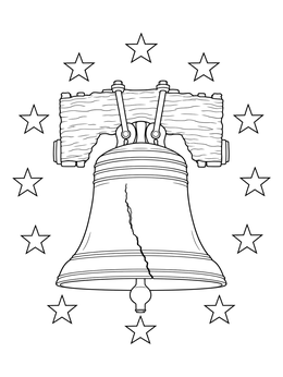 Historic cracked Liberty Bell surrounded by stars in this bell coloring page.