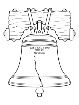 A detailed Liberty bell coloring page showing its historic crack and wooden mount.