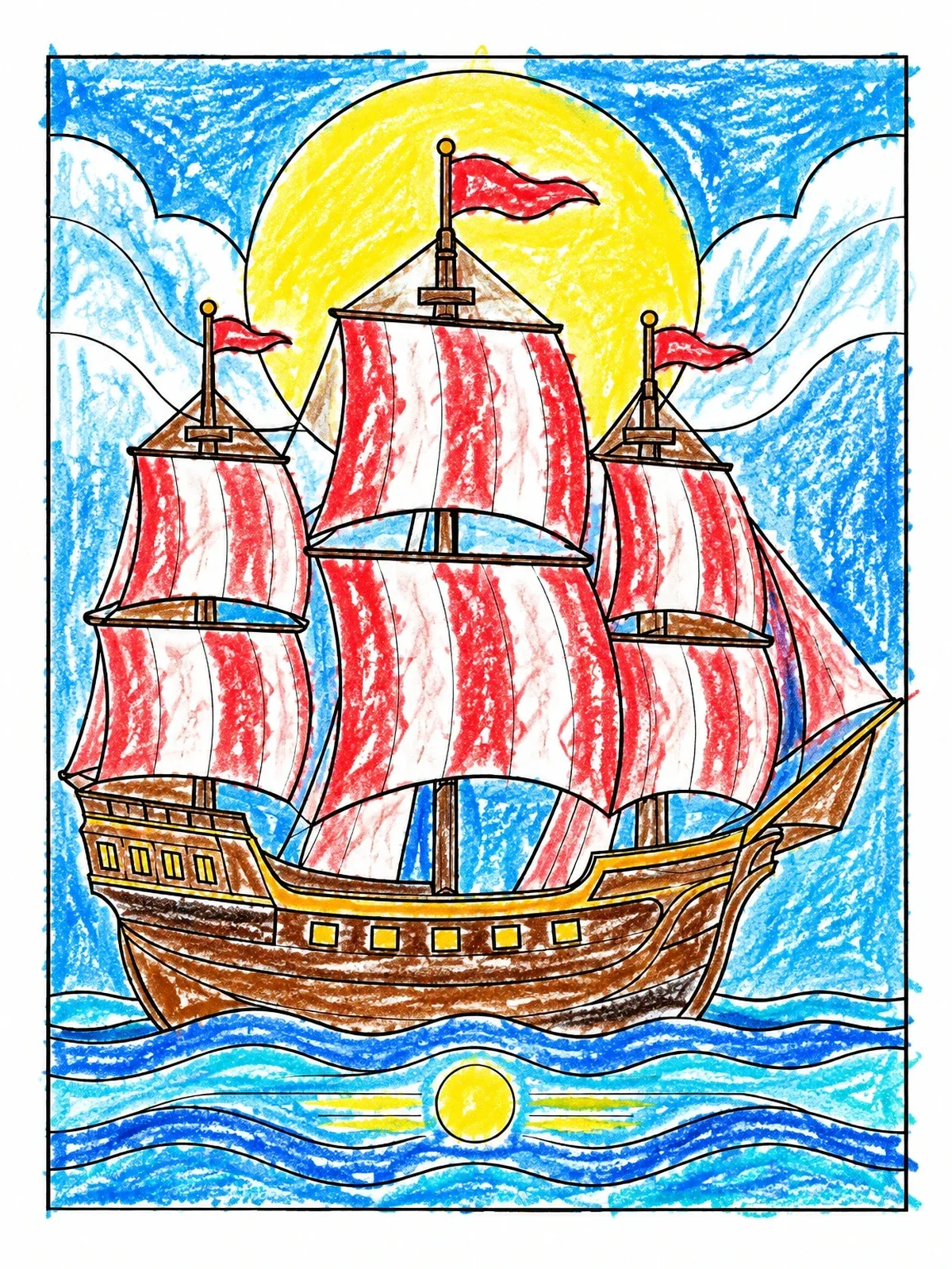 Colored example of the Historic Mayflower Sailing On Gentle Ocean coloring page
