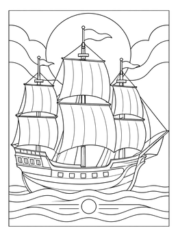 A detailed mayflower coloring page showing the historic ship sailing across calm waves under the sun.