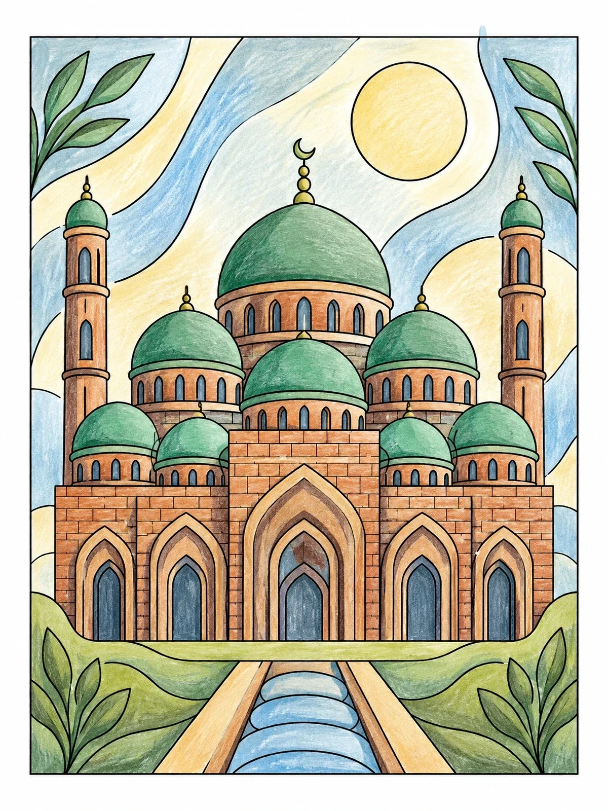 Colored example of the Historic Mosque With Multiple Domes coloring page
