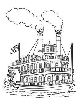 Detailed paddle steamboat coloring page cruising along the river with twin smokestacks.