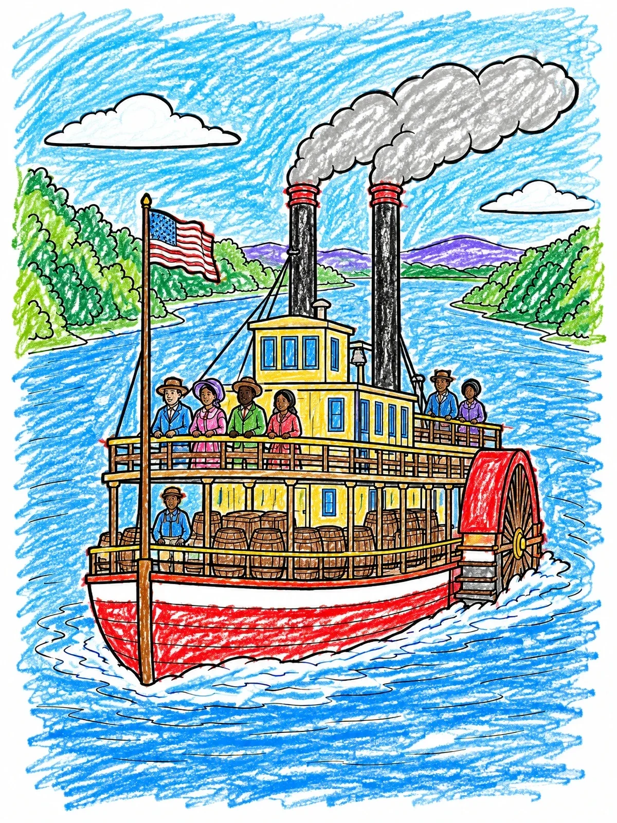Colored example of the Historic River Steamboat With Passengers coloring page