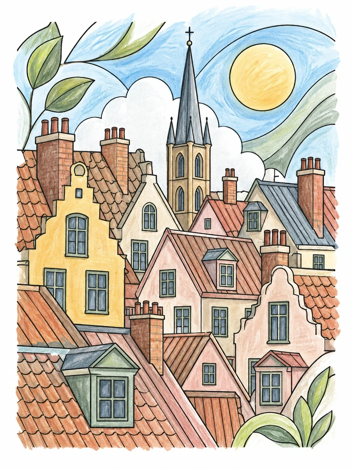 Colored example of the Historic Rooftops And Church Spire coloring page