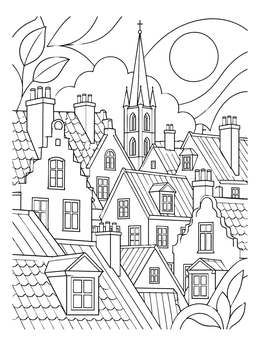 A detailed cityscape coloring page featuring historic gabled roofs, chimneys, and a church spire.