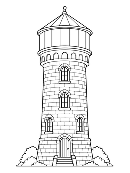A detailed stone water tower coloring page with arched windows and a pointed roof.