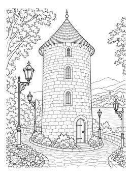 A detailed water tower coloring page featuring a round stone tower with street lamps by a lake.