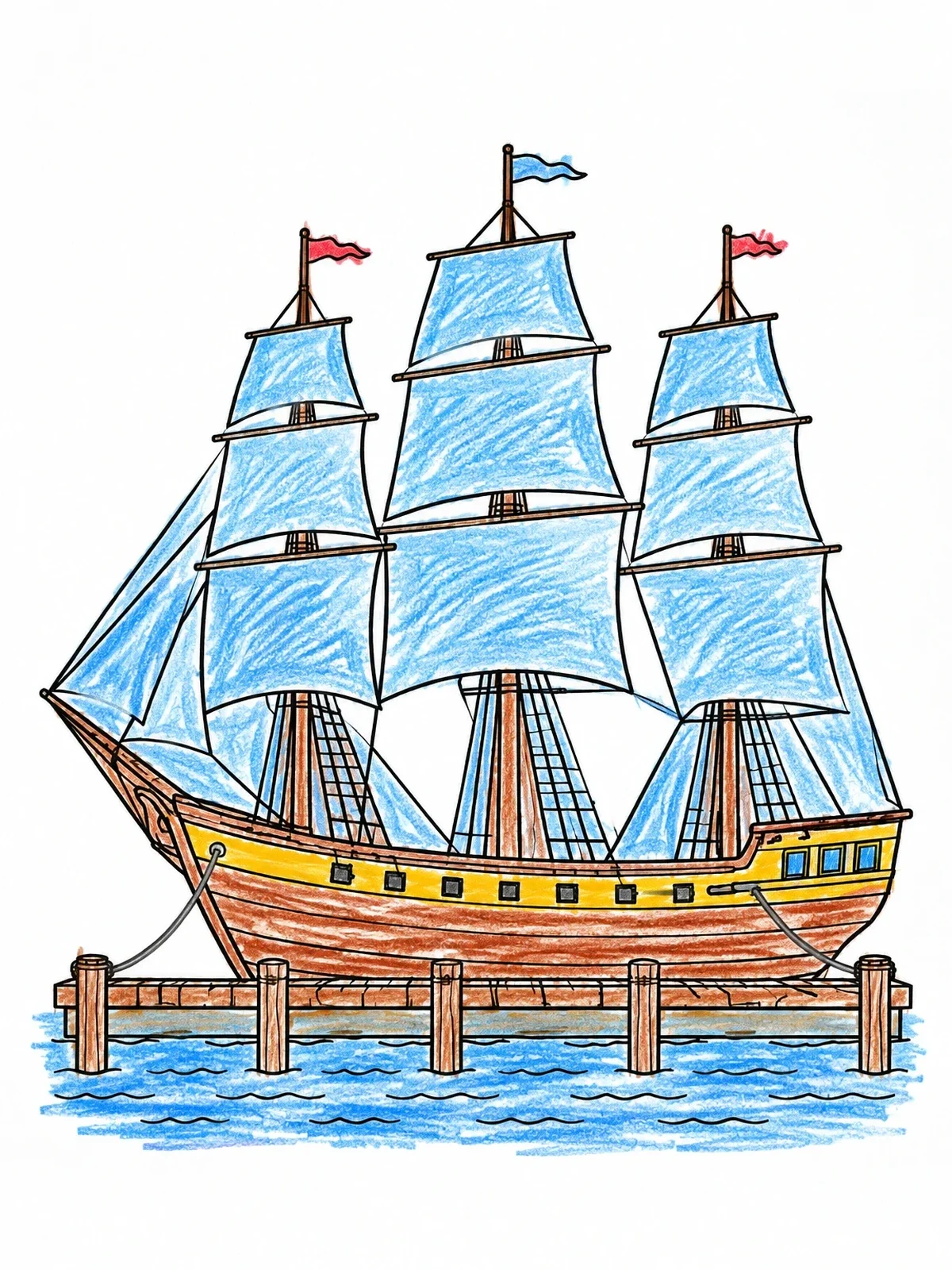 Colored example of the Historic Tall Ship At Wooden Pier coloring page