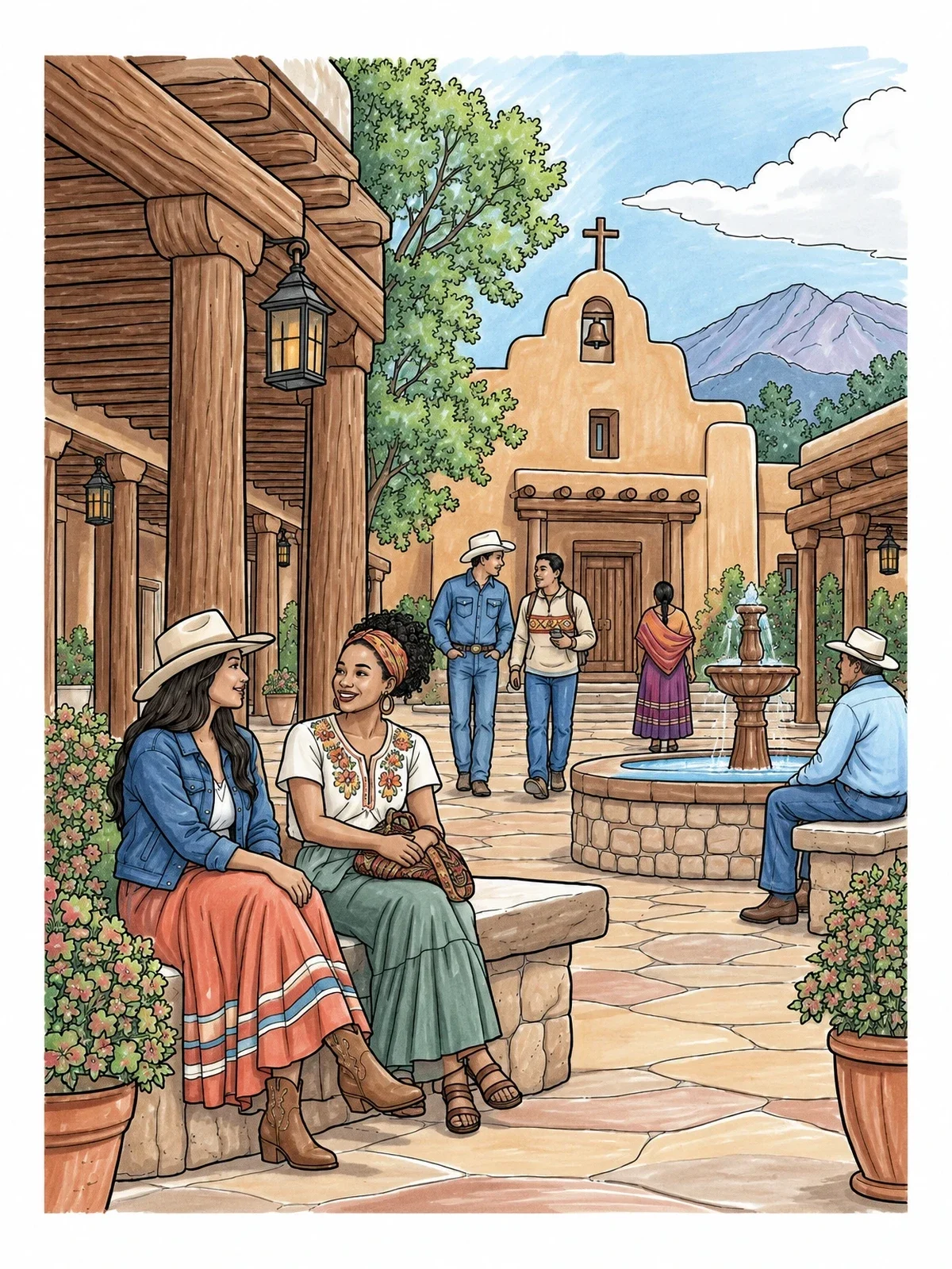 Colored example of the Historic Town Plaza In New Mexico coloring page