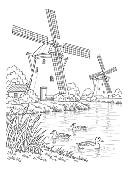 Two historic windmills stand beside a calm river with ducks in this windmill coloring page.