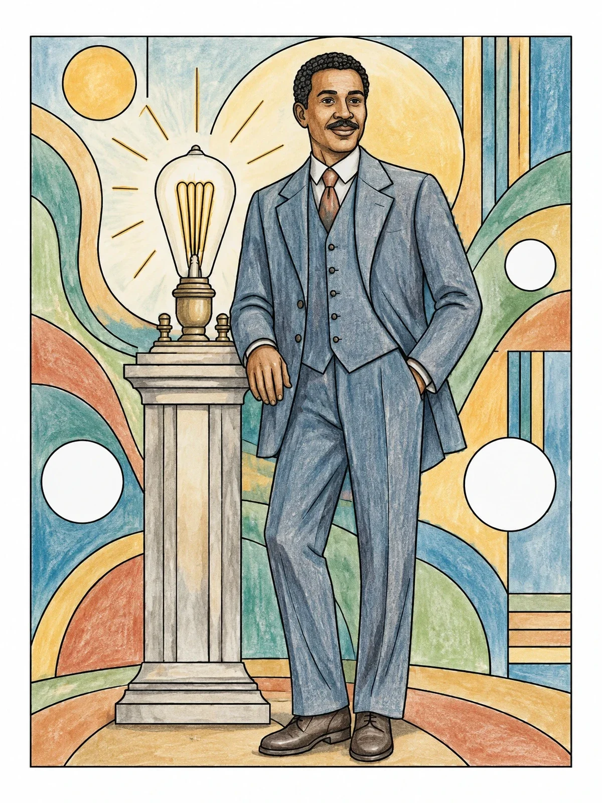 Colored example of the Historical Inventor Beside Vintage Light Bulb coloring page