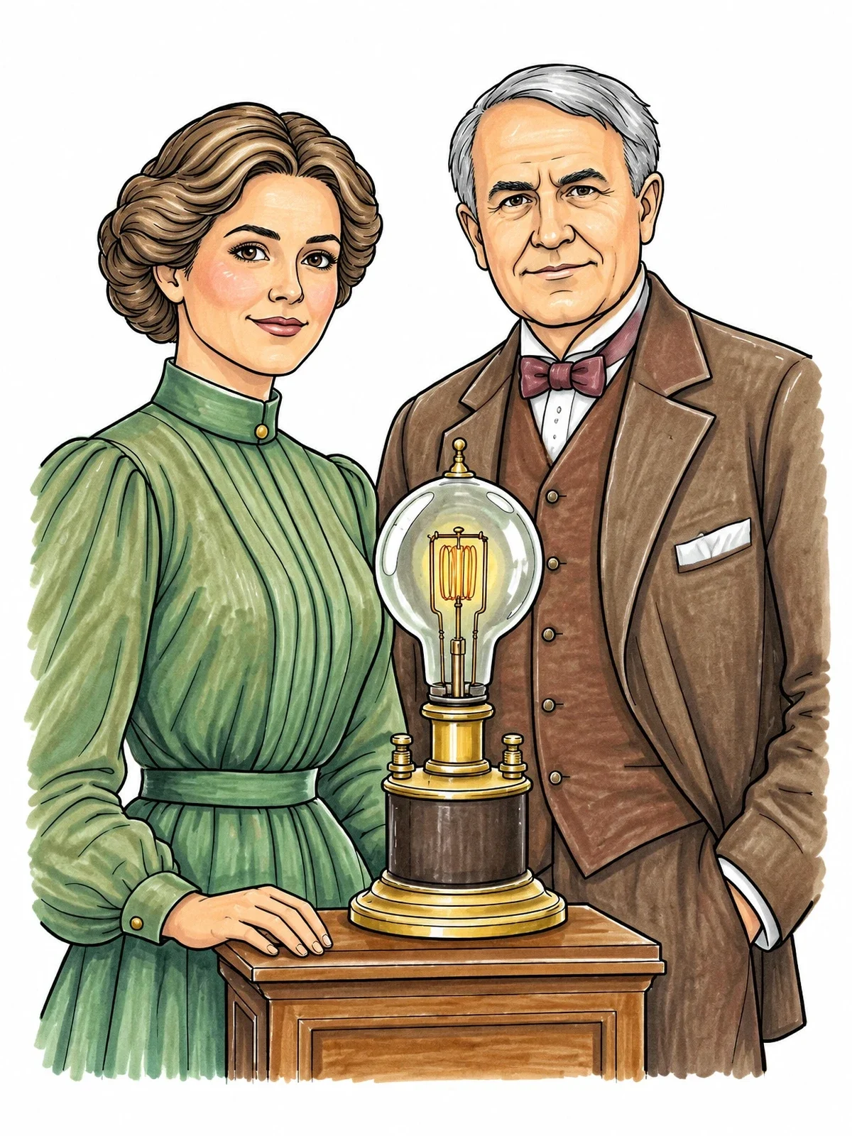 Colored example of the Historical Inventors With Vintage Light Bulb coloring page